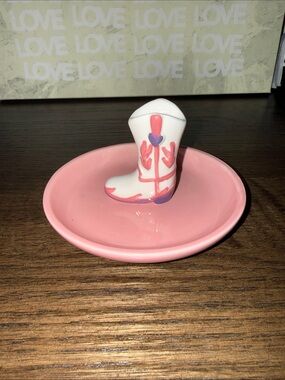 Pink Ceramic Ring Dish with White Cowgirl Boot Accent